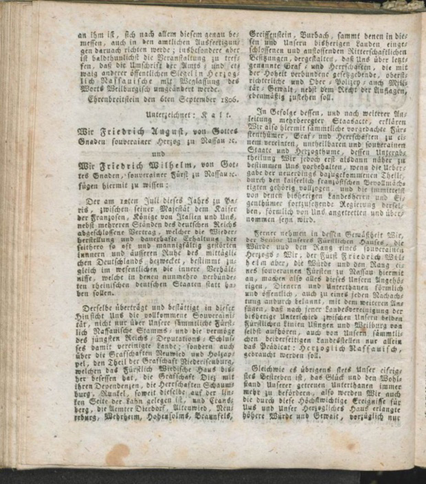 Die Souveränitätserklärung des Herzogtums Nassau aus dem Jahr 1806 gehört zu den zahllosen Dokumenten, die im Rahmen des Forschungsprojektes fotografiert und originalgetreu abgetippt werden. Fotos: Uni Bielefeld